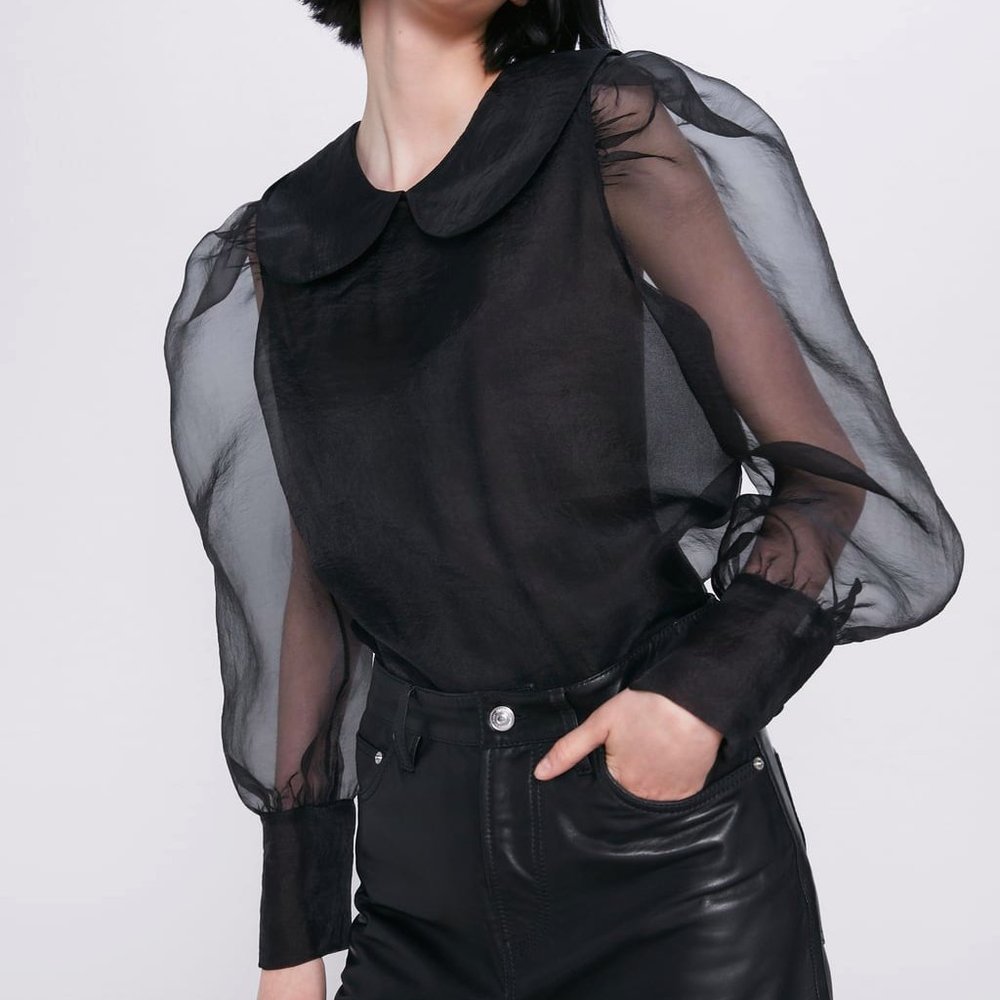 LAST 1! ZARA PETER PAN COLLAR BLACK ORGANZA BLOUSE_3